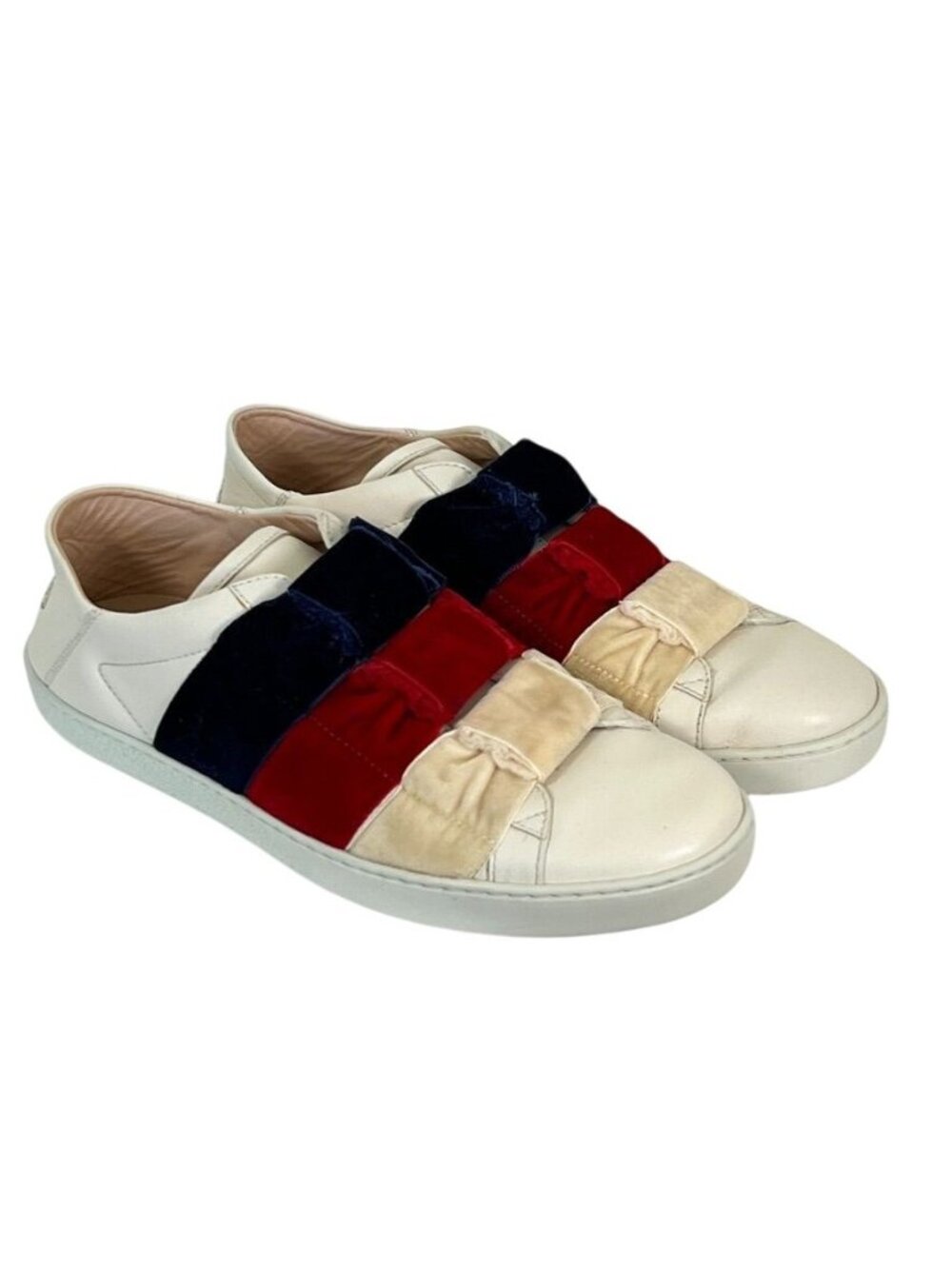 AUTHENTIC Gucci Ace Velvet Bow Bee Leather Slip On Sneakers White Red Blue 37.5